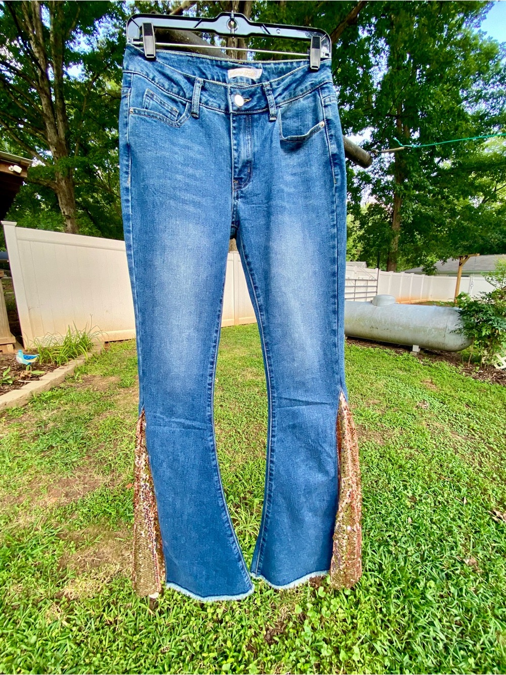 Home Folk Women’s Blue Denim Jeans with Rose Gold Sequin Side Bell bottoms Sz 4
